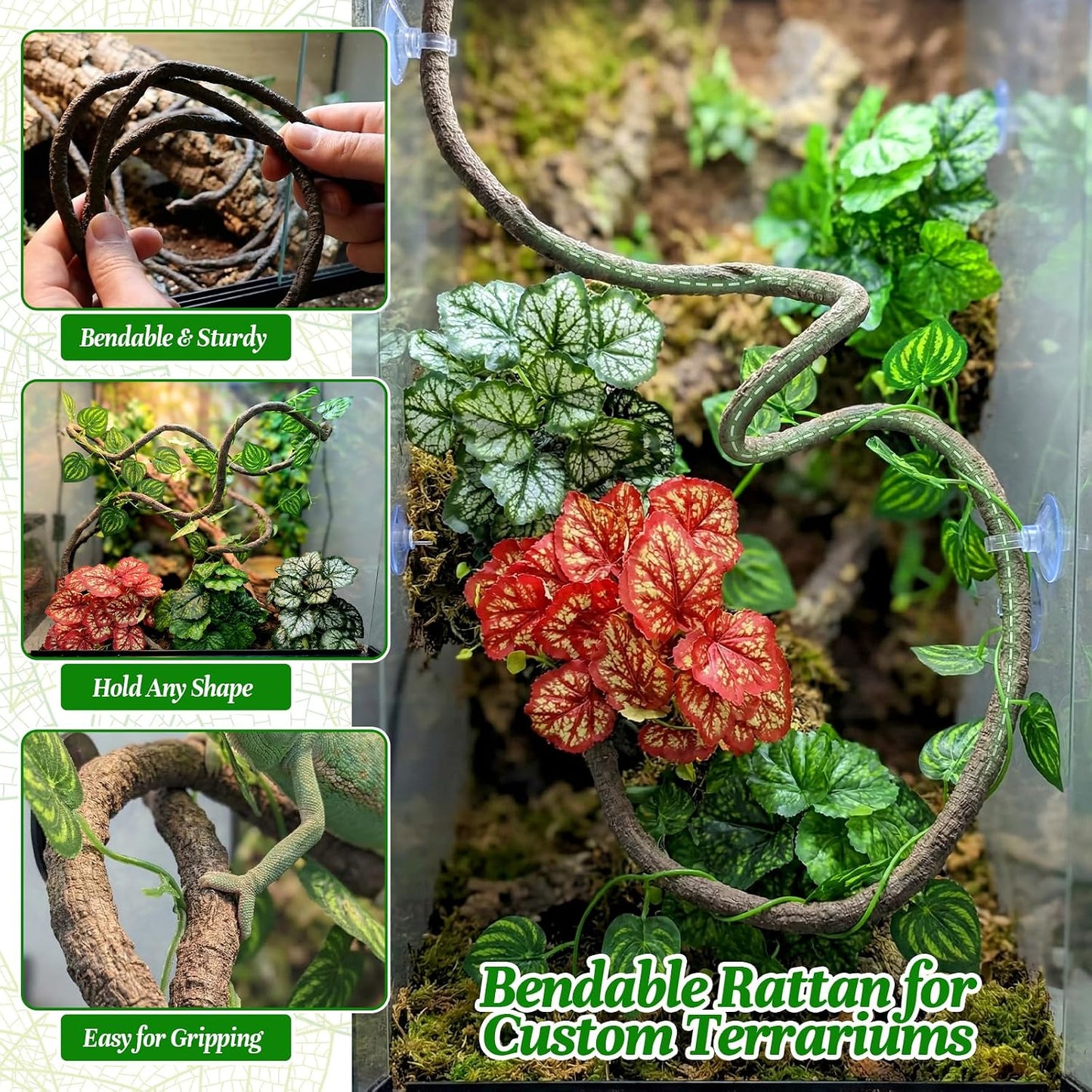 5 Pcs Reptile Plants & Habitat Decor Kit - 3 Artificial Plants & Large 5ft Jungle Vine Branch, Amphibian Habitat Hideout Tank Decorations fit Crested Gecko Leopard Lizard Chameleon Ball Python Frog
