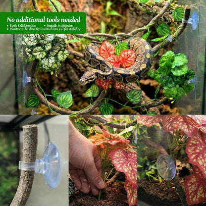 5 Pcs Reptile Plants & Habitat Decor Kit - 3 Artificial Plants & Large 5ft Jungle Vine Branch, Amphibian Habitat Hideout Tank Decorations fit Crested Gecko Leopard Lizard Chameleon Ball Python Frog