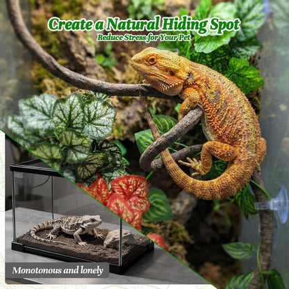 5 Pcs Reptile Plants & Habitat Decor Kit - 3 Artificial Plants & Large 5ft Jungle Vine Branch, Amphibian Habitat Hideout Tank Decorations fit Crested Gecko Leopard Lizard Chameleon Ball Python Frog