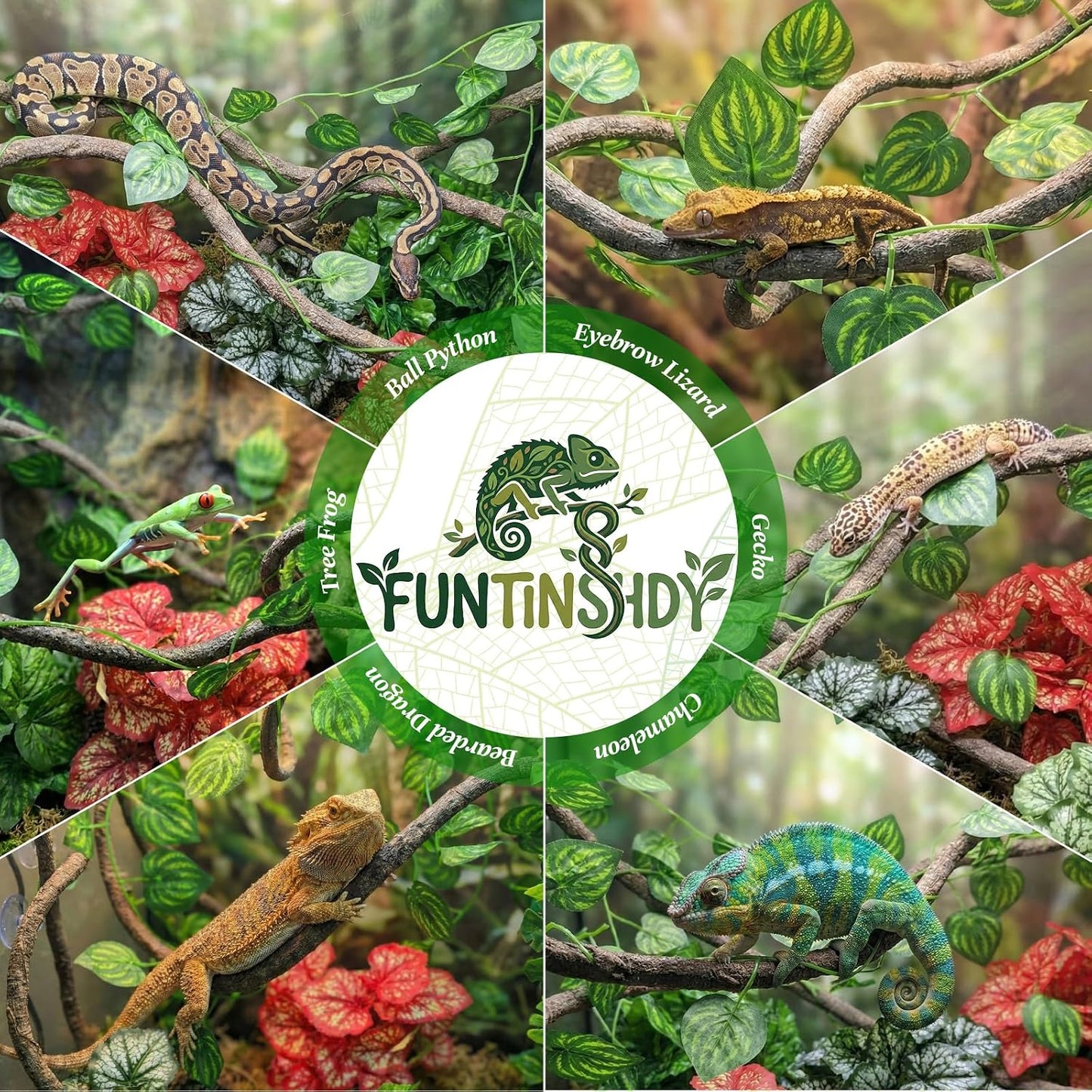 5 Pcs Reptile Plants & Habitat Decor Kit - 3 Artificial Plants & Large 5ft Jungle Vine Branch, Amphibian Habitat Hideout Tank Decorations fit Crested Gecko Leopard Lizard Chameleon Ball Python Frog
