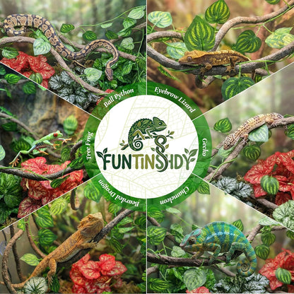 5 Pcs Reptile Plants & Habitat Decor Kit - 3 Artificial Plants & Large 5ft Jungle Vine Branch, Amphibian Habitat Hideout Tank Decorations fit Crested Gecko Leopard Lizard Chameleon Ball Python Frog