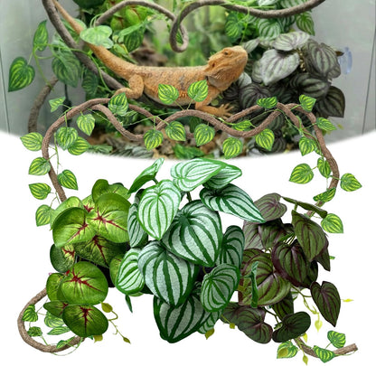 5 Pcs Reptile Plants & Habitat Decor Kit - 3 Artificial Plants & Large 5ft Jungle Vine Branch, Amphibian Habitat Hideout Tank Decorations fit Crested Gecko Leopard Lizard Chameleon Ball Python Frog