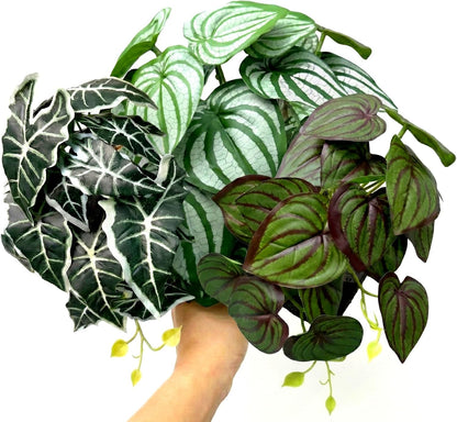 5 Pcs Reptile Plants & Habitat Decor Kit - 3 Artificial Plants & Large 5ft Jungle Vine Branch, Amphibian Habitat Hideout Tank Decorations fit Crested Gecko Leopard Lizard Chameleon Ball Python Frog