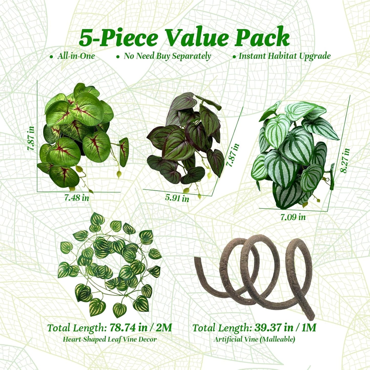 5 Pcs Reptile Plants & Habitat Decor Kit - 3 Artificial Plants & Large 5ft Jungle Vine Branch, Amphibian Habitat Hideout Tank Decorations fit Crested Gecko Leopard Lizard Chameleon Ball Python Frog