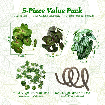 5 Pcs Reptile Plants & Habitat Decor Kit - 3 Artificial Plants & Large 5ft Jungle Vine Branch, Amphibian Habitat Hideout Tank Decorations fit Crested Gecko Leopard Lizard Chameleon Ball Python Frog