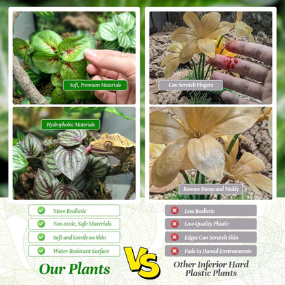 5 Pcs Reptile Plants & Habitat Decor Kit - 3 Artificial Plants & Large 5ft Jungle Vine Branch, Amphibian Habitat Hideout Tank Decorations fit Crested Gecko Leopard Lizard Chameleon Ball Python Frog