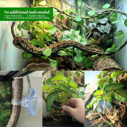 5 Pcs Reptile Plants & Habitat Decor Kit - 3 Artificial Plants & Large 5ft Jungle Vine Branch, Amphibian Habitat Hideout Tank Decorations fit Crested Gecko Leopard Lizard Chameleon Ball Python Frog