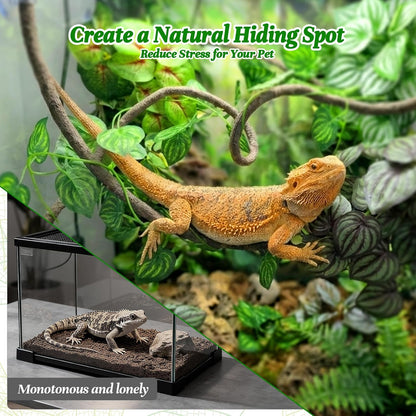 5 Pcs Reptile Plants & Habitat Decor Kit - 3 Artificial Plants & Large 5ft Jungle Vine Branch, Amphibian Habitat Hideout Tank Decorations fit Crested Gecko Leopard Lizard Chameleon Ball Python Frog