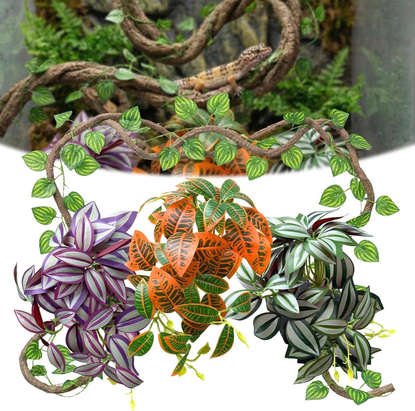 5 Pcs Reptile Plants & Habitat Decor Kit - 3 Artificial Plants & Large 5ft Jungle Vine Branch, Amphibian Habitat Hideout Tank Decorations fit Crested Gecko Leopard Lizard Chameleon Ball Python Frog