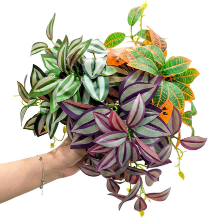 5 Pcs Reptile Plants & Habitat Decor Kit - 3 Artificial Plants & Large 5ft Jungle Vine Branch, Amphibian Habitat Hideout Tank Decorations fit Crested Gecko Leopard Lizard Chameleon Ball Python Frog