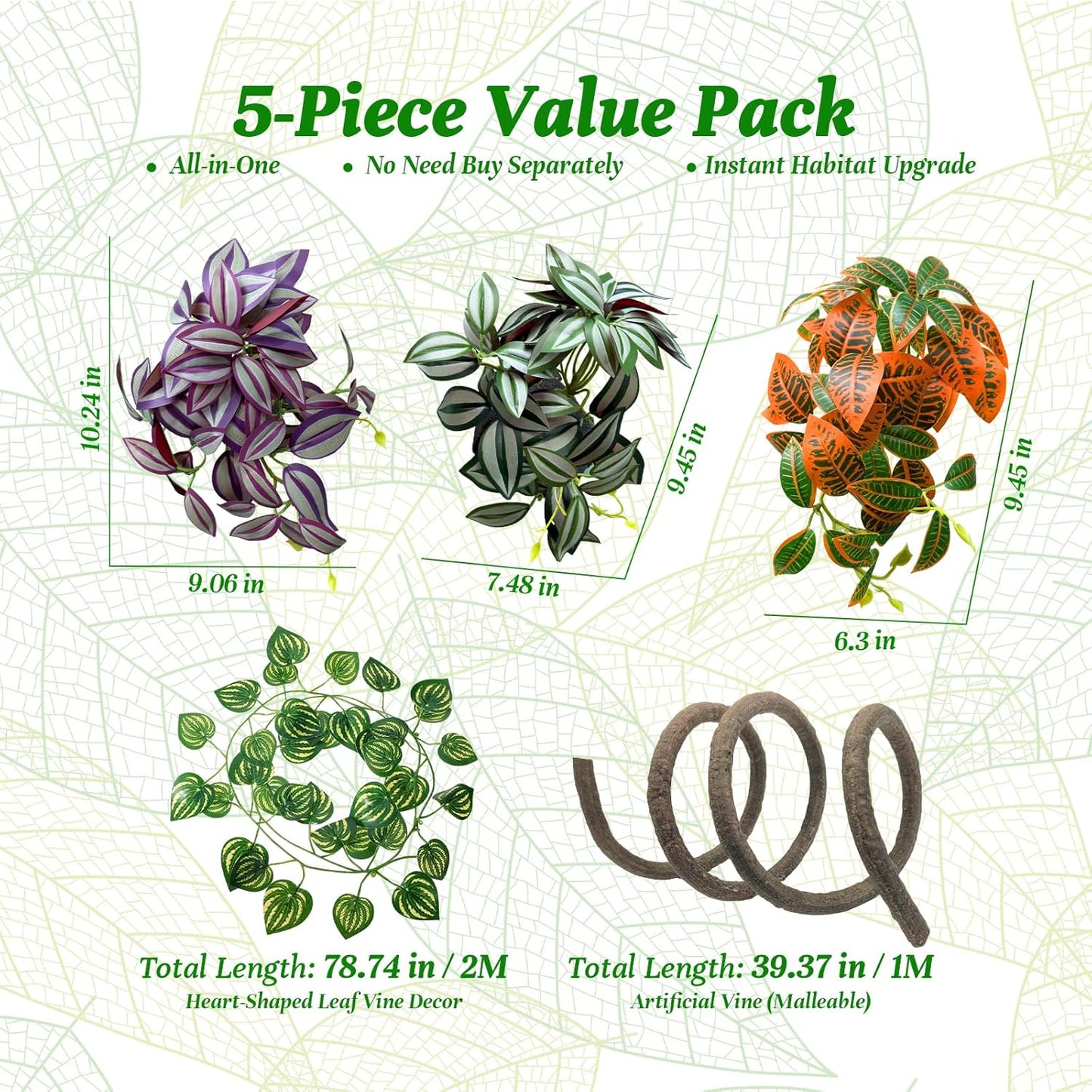 5 Pcs Reptile Plants & Habitat Decor Kit - 3 Artificial Plants & Large 5ft Jungle Vine Branch, Amphibian Habitat Hideout Tank Decorations fit Crested Gecko Leopard Lizard Chameleon Ball Python Frog