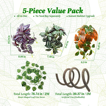 5 Pcs Reptile Plants & Habitat Decor Kit - 3 Artificial Plants & Large 5ft Jungle Vine Branch, Amphibian Habitat Hideout Tank Decorations fit Crested Gecko Leopard Lizard Chameleon Ball Python Frog