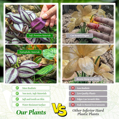 5 Pcs Reptile Plants & Habitat Decor Kit - 3 Artificial Plants & Large 5ft Jungle Vine Branch, Amphibian Habitat Hideout Tank Decorations fit Crested Gecko Leopard Lizard Chameleon Ball Python Frog