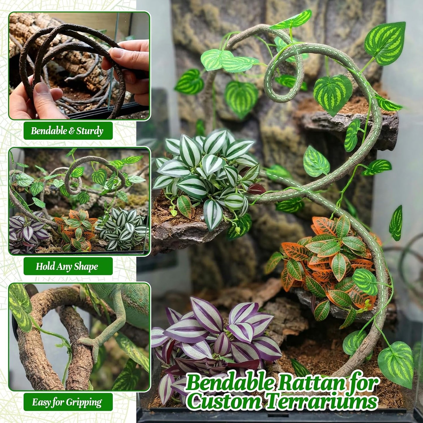5 Pcs Reptile Plants & Habitat Decor Kit - 3 Artificial Plants & Large 5ft Jungle Vine Branch, Amphibian Habitat Hideout Tank Decorations fit Crested Gecko Leopard Lizard Chameleon Ball Python Frog