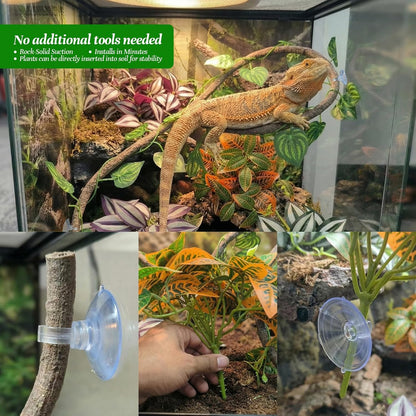 5 Pcs Reptile Plants & Habitat Decor Kit - 3 Artificial Plants & Large 5ft Jungle Vine Branch, Amphibian Habitat Hideout Tank Decorations fit Crested Gecko Leopard Lizard Chameleon Ball Python Frog