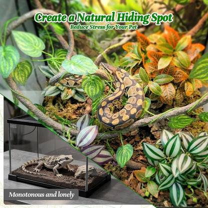 5 Pcs Reptile Plants & Habitat Decor Kit - 3 Artificial Plants & Large 5ft Jungle Vine Branch, Amphibian Habitat Hideout Tank Decorations fit Crested Gecko Leopard Lizard Chameleon Ball Python Frog