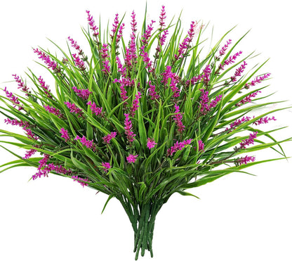 24 Pcs Artificial Plants Lavender Flowers for Outdoors, Purple | Faux lavender flowers with fake monkey grass, UV resistant, plastic plants, porch garden patio window home decor