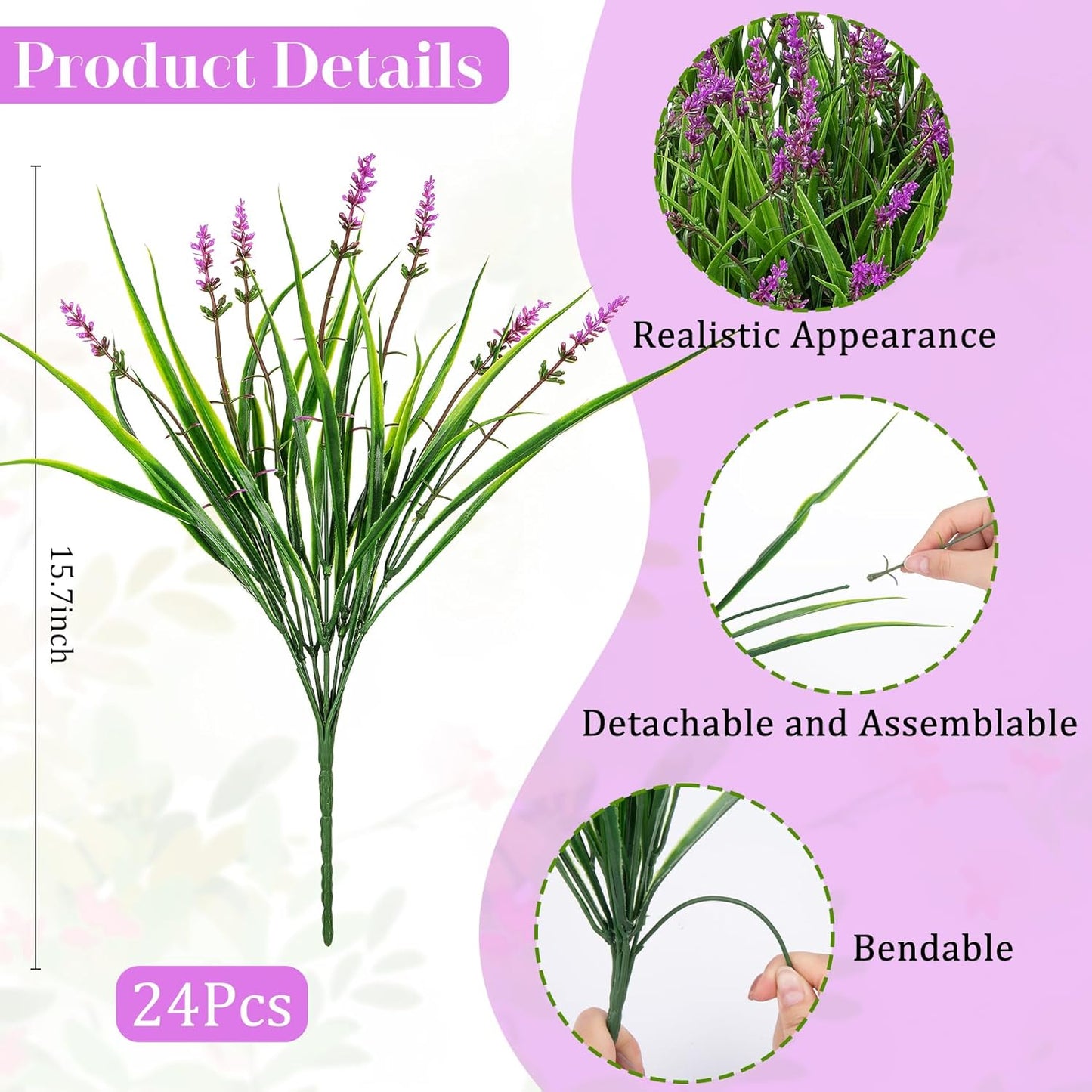 24 Pcs Artificial Plants Lavender Flowers for Outdoors, Purple | Faux lavender flowers with fake monkey grass, UV resistant, plastic plants, porch garden patio window home decor