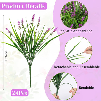 24 Pcs Artificial Plants Lavender Flowers for Outdoors, Purple | Faux lavender flowers with fake monkey grass, UV resistant, plastic plants, porch garden patio window home decor
