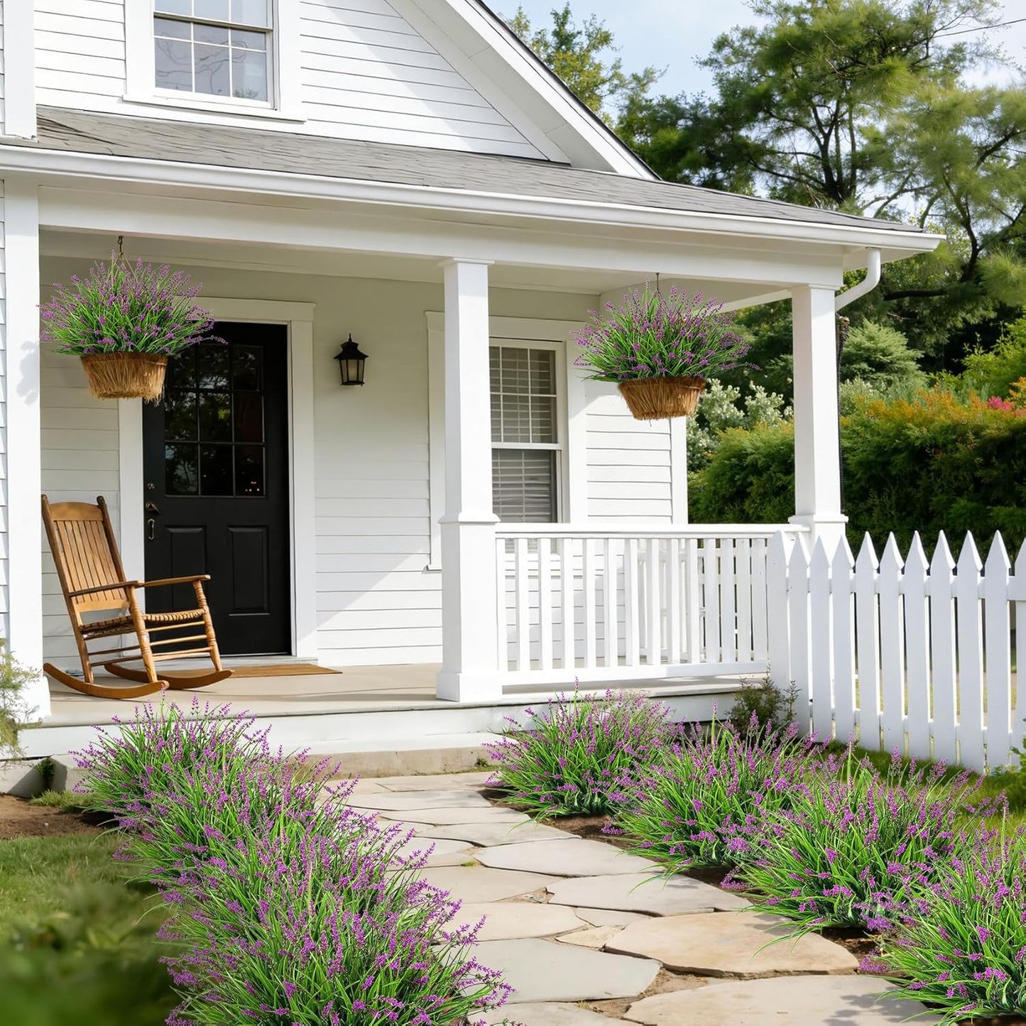 24 Pcs Artificial Plants Lavender Flowers for Outdoors, Purple | Faux lavender flowers with fake monkey grass, UV resistant, plastic plants, porch garden patio window home decor