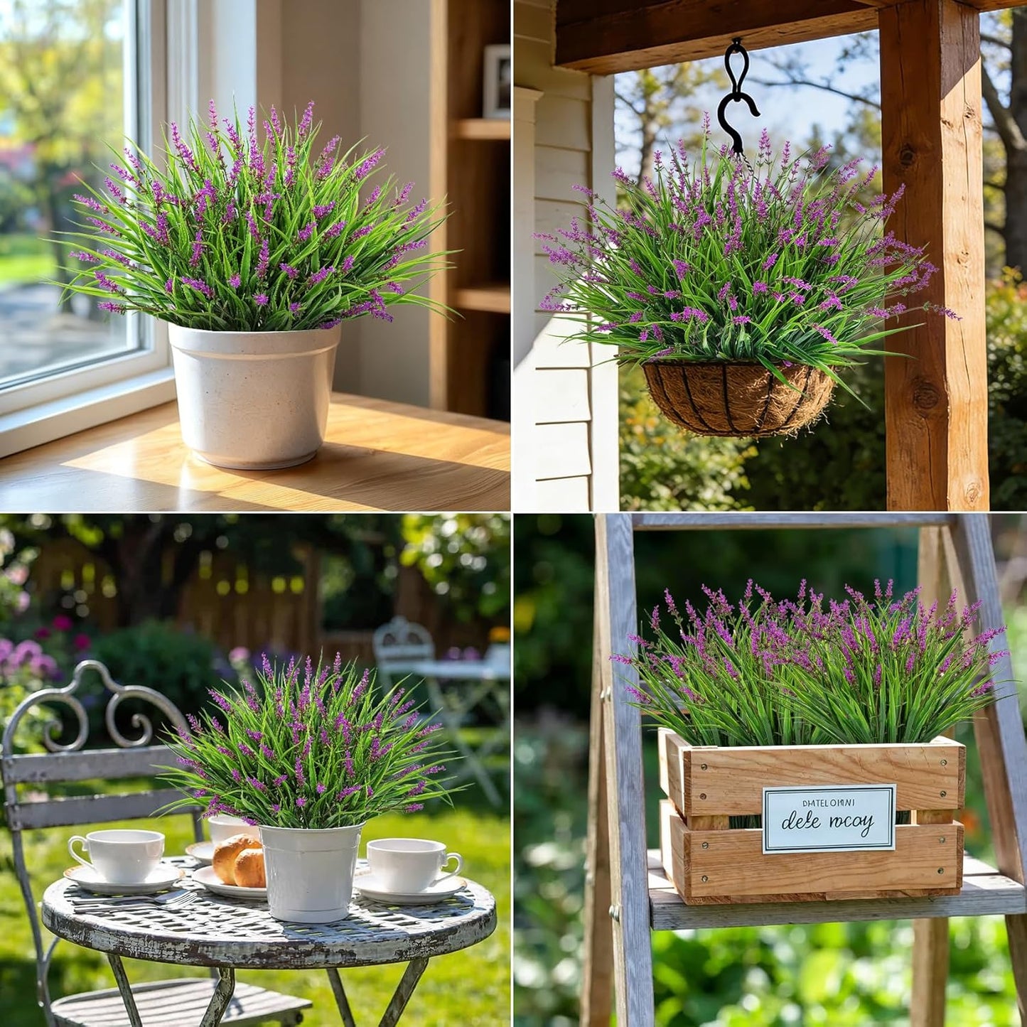 24 Pcs Artificial Plants Lavender Flowers for Outdoors, Purple | Faux lavender flowers with fake monkey grass, UV resistant, plastic plants, porch garden patio window home decor