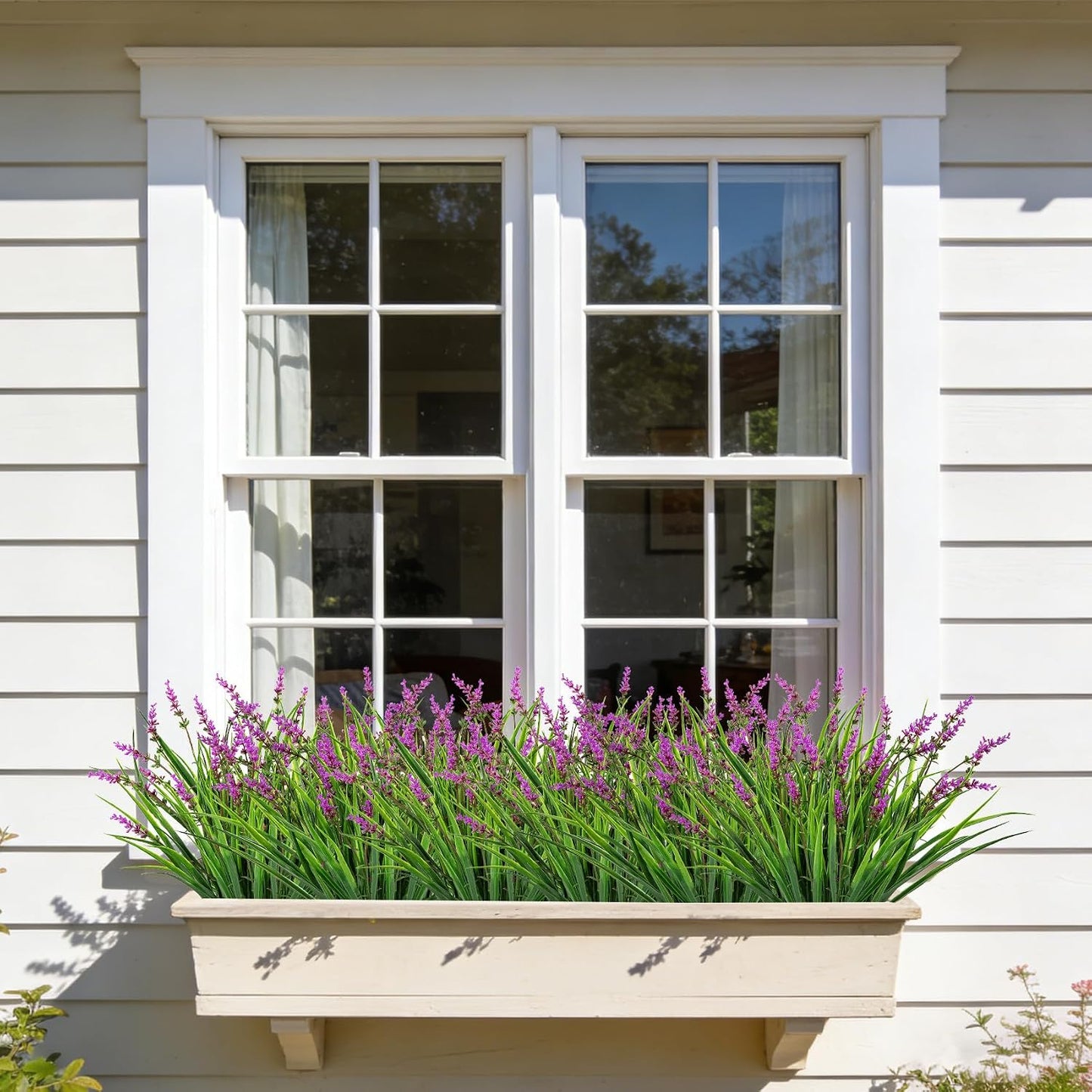24 Pcs Artificial Plants Lavender Flowers for Outdoors, Purple | Faux lavender flowers with fake monkey grass, UV resistant, plastic plants, porch garden patio window home decor