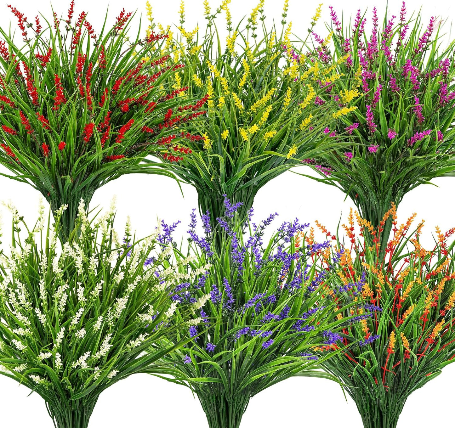 24 Pcs Artificial Plants Lavender Flowers for Outdoors, Purple | Faux lavender flowers with fake monkey grass, UV resistant, plastic plants, porch garden patio window home decor