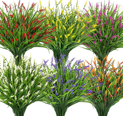 24 Pcs Artificial Plants Lavender Flowers for Outdoors, Purple | Faux lavender flowers with fake monkey grass, UV resistant, plastic plants, porch garden patio window home decor