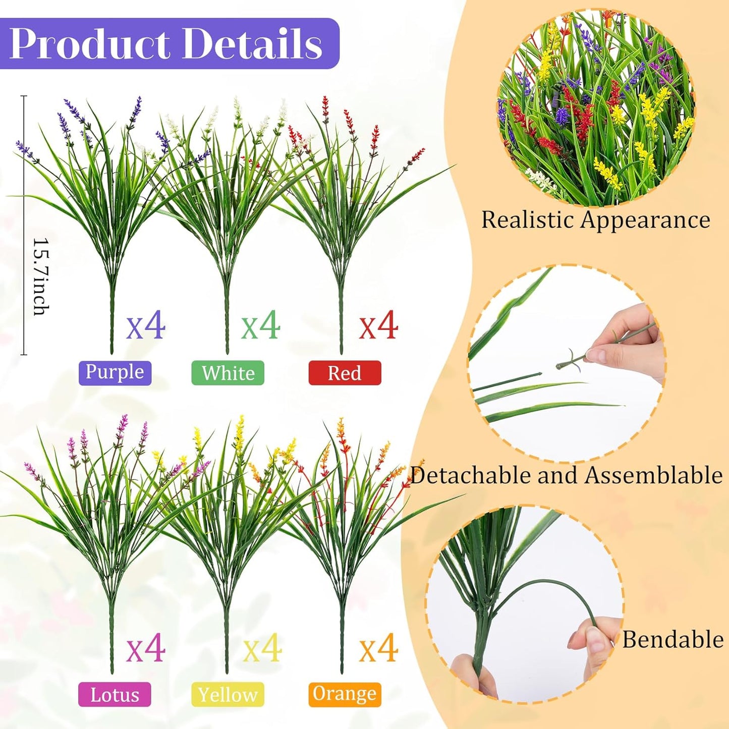 24 Pcs Artificial Plants Lavender Flowers for Outdoors, Purple | Faux lavender flowers with fake monkey grass, UV resistant, plastic plants, porch garden patio window home decor