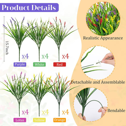 24 Pcs Artificial Plants Lavender Flowers for Outdoors, Purple | Faux lavender flowers with fake monkey grass, UV resistant, plastic plants, porch garden patio window home decor