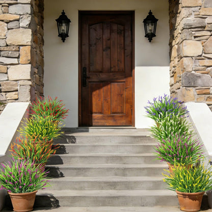 24 Pcs Artificial Plants Lavender Flowers for Outdoors, Purple | Faux lavender flowers with fake monkey grass, UV resistant, plastic plants, porch garden patio window home decor