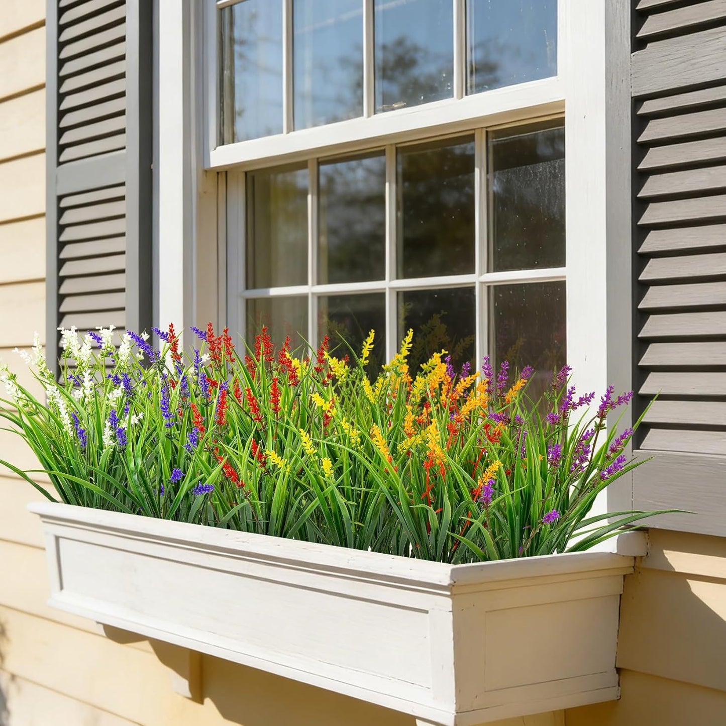 24 Pcs Artificial Plants Lavender Flowers for Outdoors, Purple | Faux lavender flowers with fake monkey grass, UV resistant, plastic plants, porch garden patio window home decor