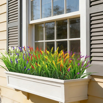 24 Pcs Artificial Plants Lavender Flowers for Outdoors, Purple | Faux lavender flowers with fake monkey grass, UV resistant, plastic plants, porch garden patio window home decor