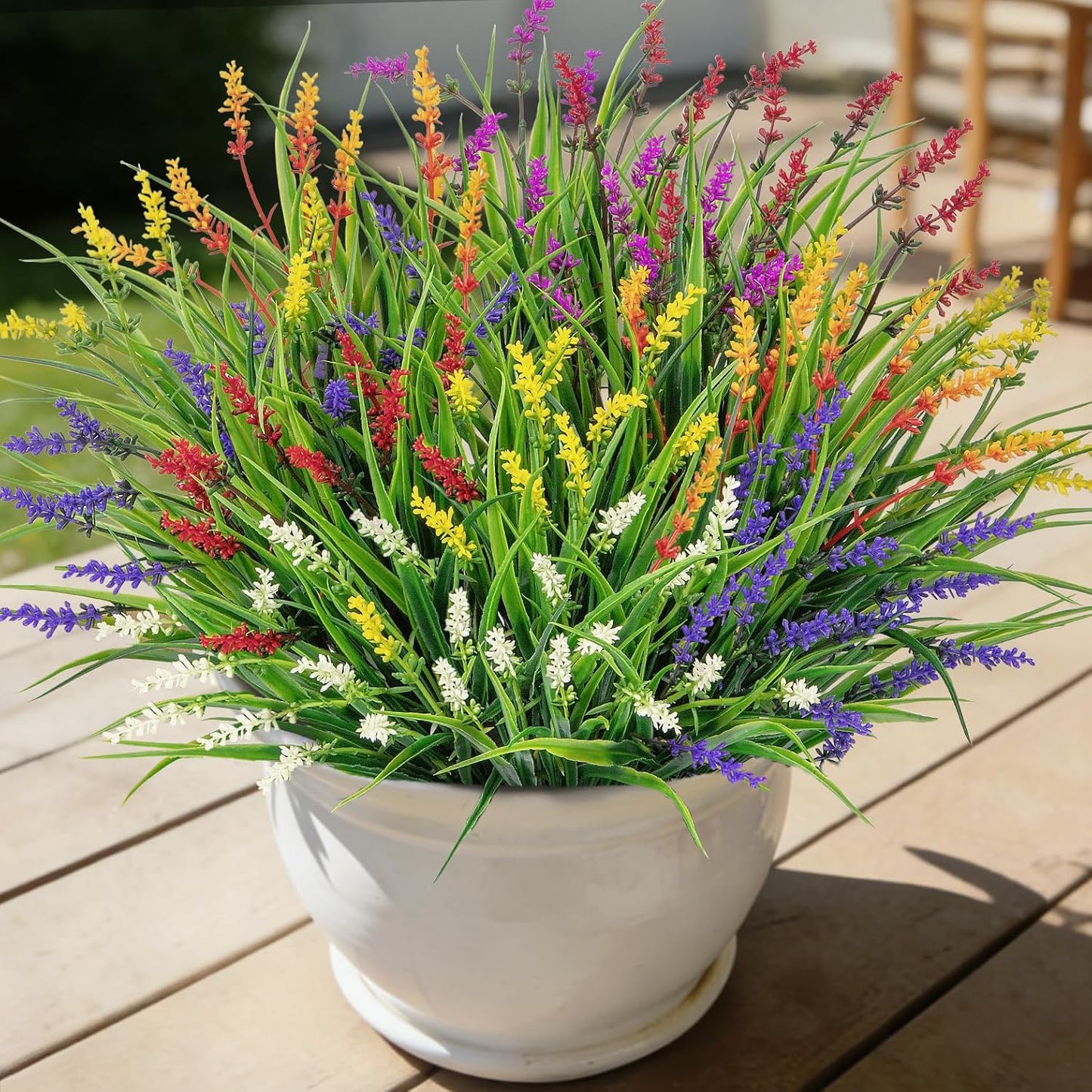 24 Pcs Artificial Plants Lavender Flowers for Outdoors, Purple | Faux lavender flowers with fake monkey grass, UV resistant, plastic plants, porch garden patio window home decor