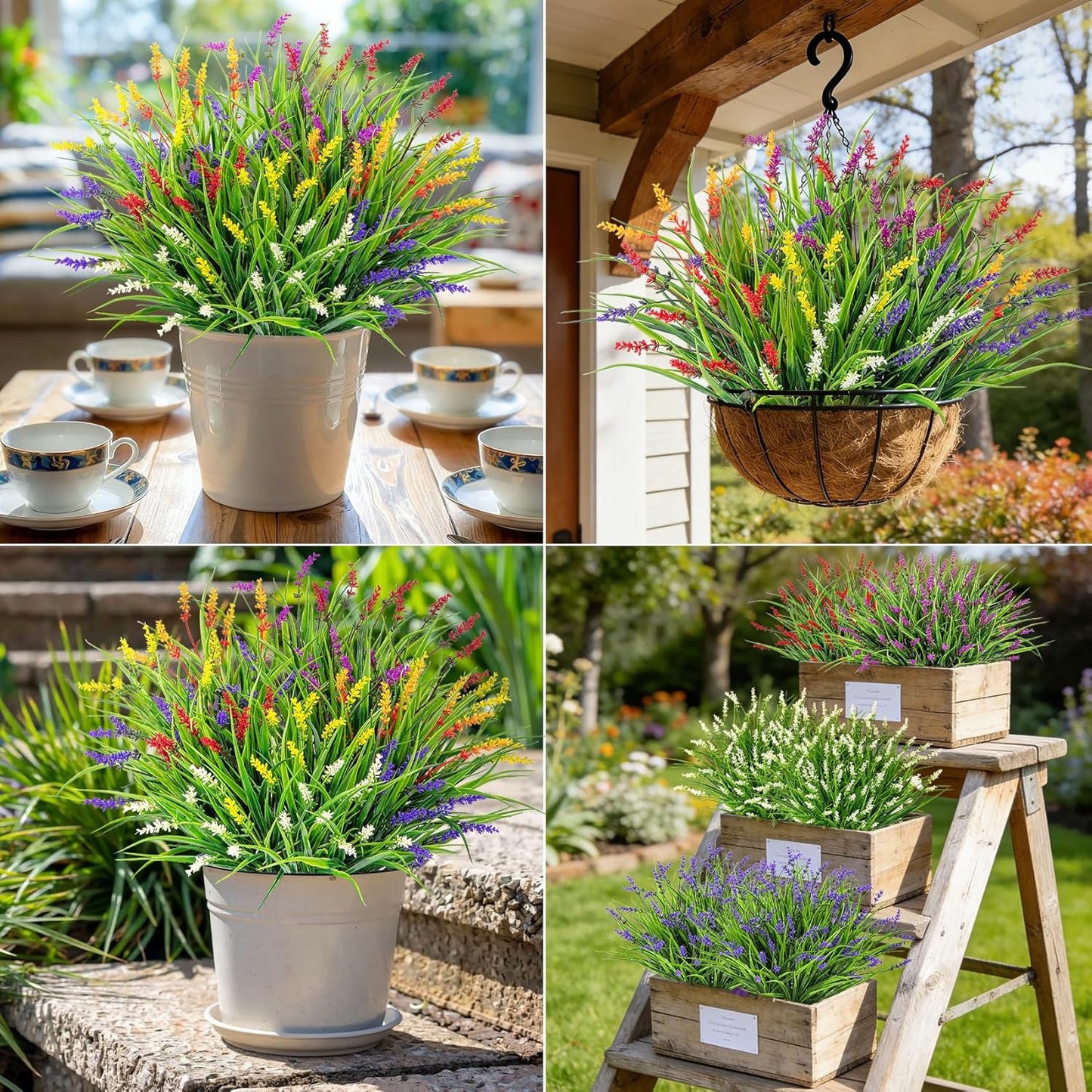 24 Pcs Artificial Plants Lavender Flowers for Outdoors, Purple | Faux lavender flowers with fake monkey grass, UV resistant, plastic plants, porch garden patio window home decor