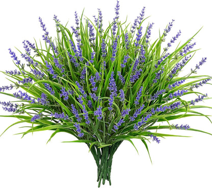 24 Pcs Artificial Plants Lavender Flowers for Outdoors, Purple | Faux lavender flowers with fake monkey grass, UV resistant, plastic plants, porch garden patio window home decor