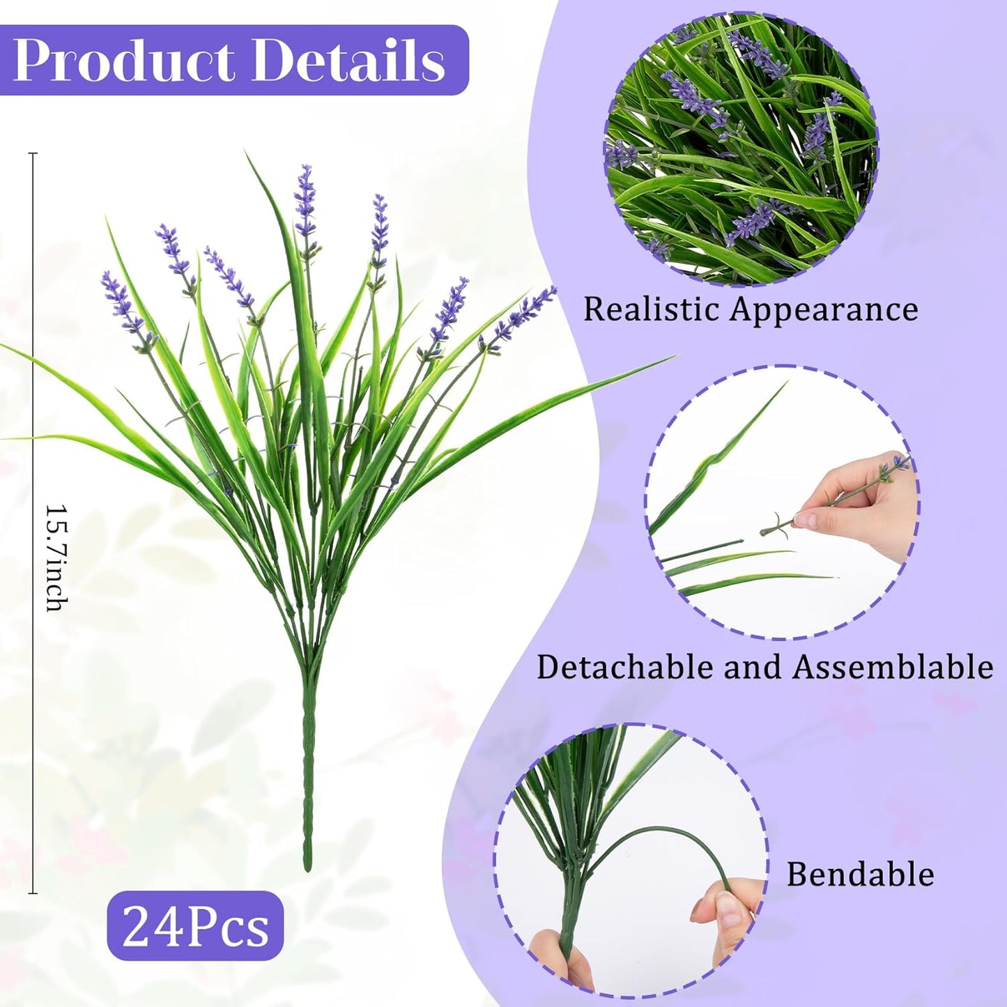24 Pcs Artificial Plants Lavender Flowers for Outdoors, Purple | Faux lavender flowers with fake monkey grass, UV resistant, plastic plants, porch garden patio window home decor