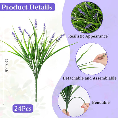 24 Pcs Artificial Plants Lavender Flowers for Outdoors, Purple | Faux lavender flowers with fake monkey grass, UV resistant, plastic plants, porch garden patio window home decor