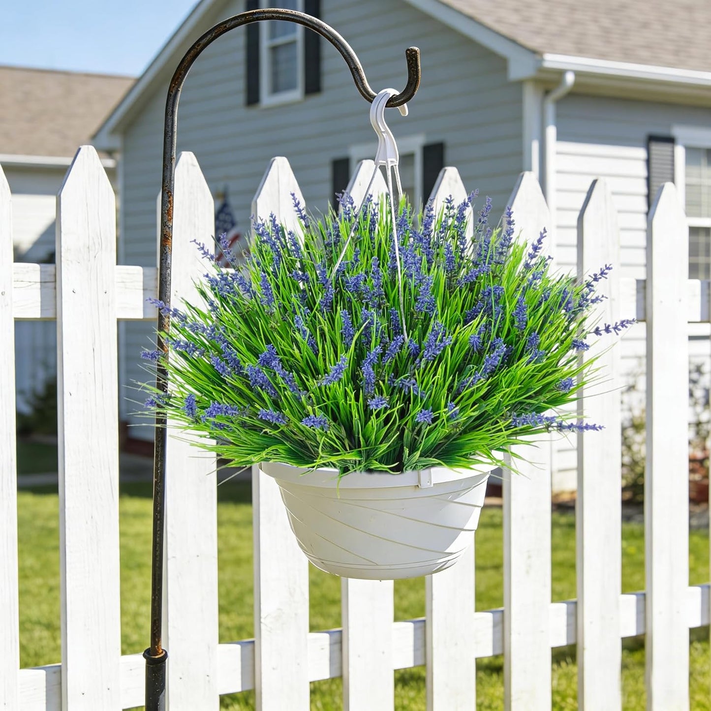 24 Pcs Artificial Plants Lavender Flowers for Outdoors, Purple | Faux lavender flowers with fake monkey grass, UV resistant, plastic plants, porch garden patio window home decor