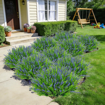 24 Pcs Artificial Plants Lavender Flowers for Outdoors, Purple | Faux lavender flowers with fake monkey grass, UV resistant, plastic plants, porch garden patio window home decor
