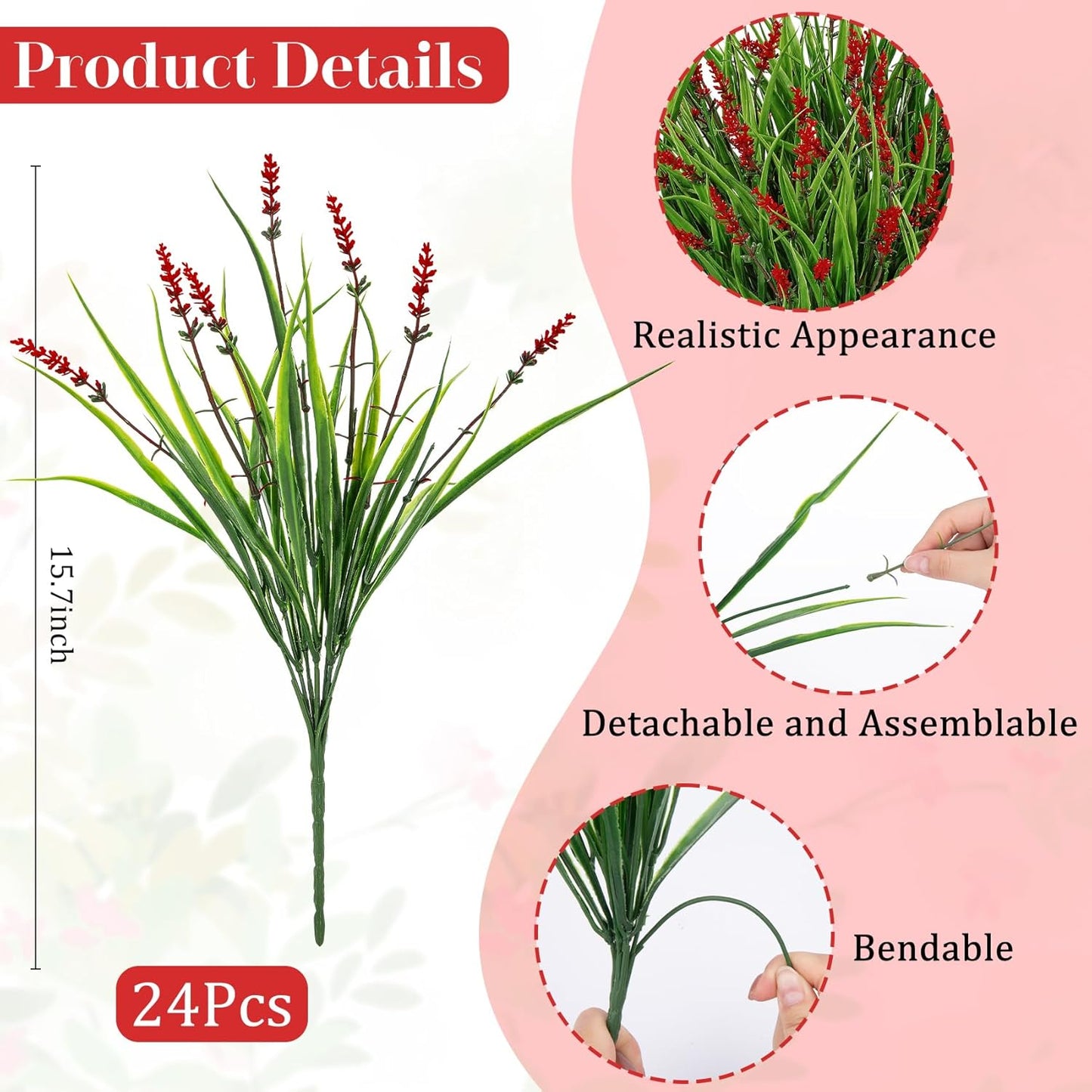24 Pcs Artificial Plants Lavender Flowers for Outdoors, Purple | Faux lavender flowers with fake monkey grass, UV resistant, plastic plants, porch garden patio window home decor