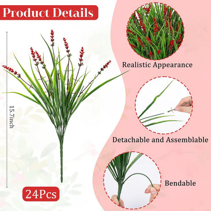24 Pcs Artificial Plants Lavender Flowers for Outdoors, Purple | Faux lavender flowers with fake monkey grass, UV resistant, plastic plants, porch garden patio window home decor