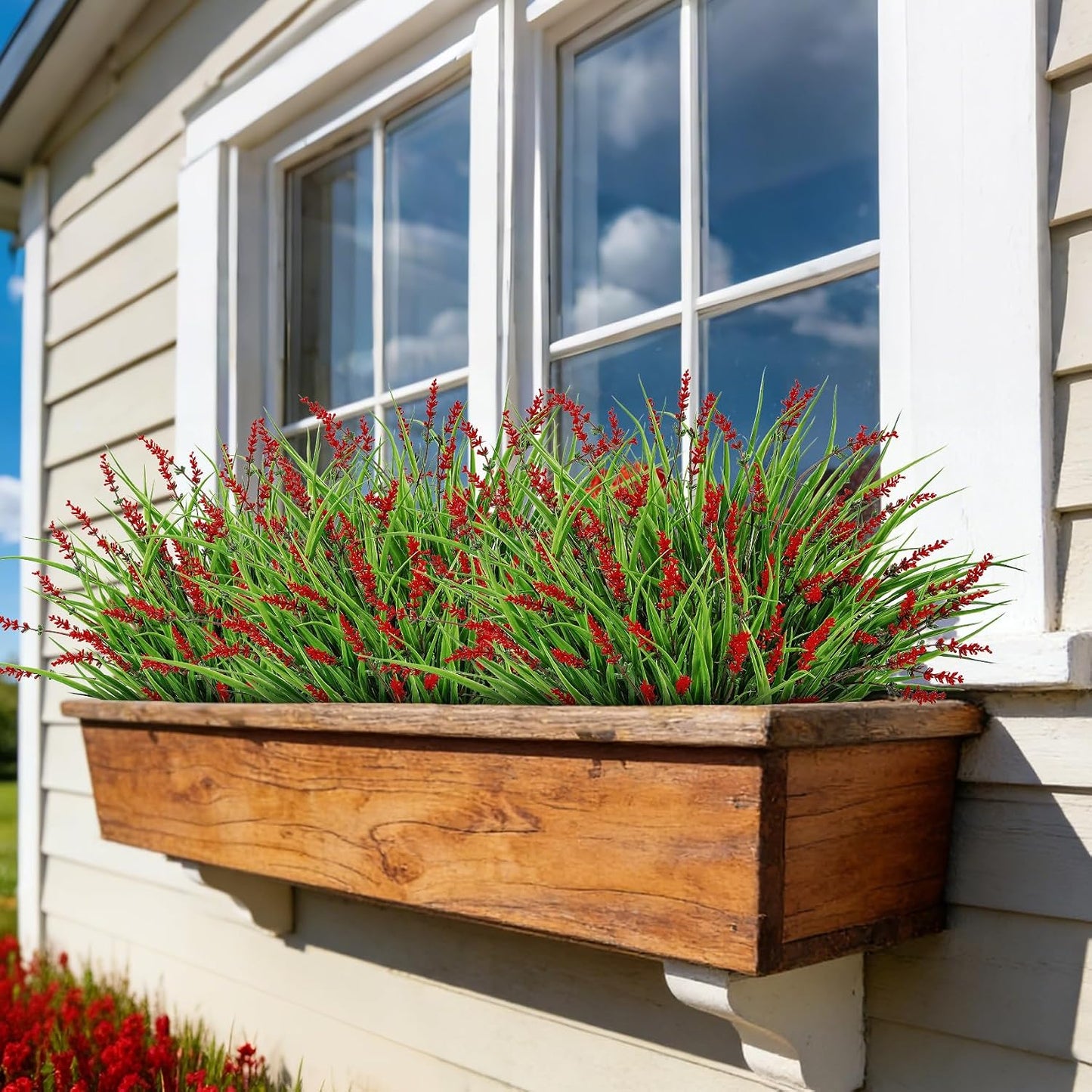 24 Pcs Artificial Plants Lavender Flowers for Outdoors, Purple | Faux lavender flowers with fake monkey grass, UV resistant, plastic plants, porch garden patio window home decor