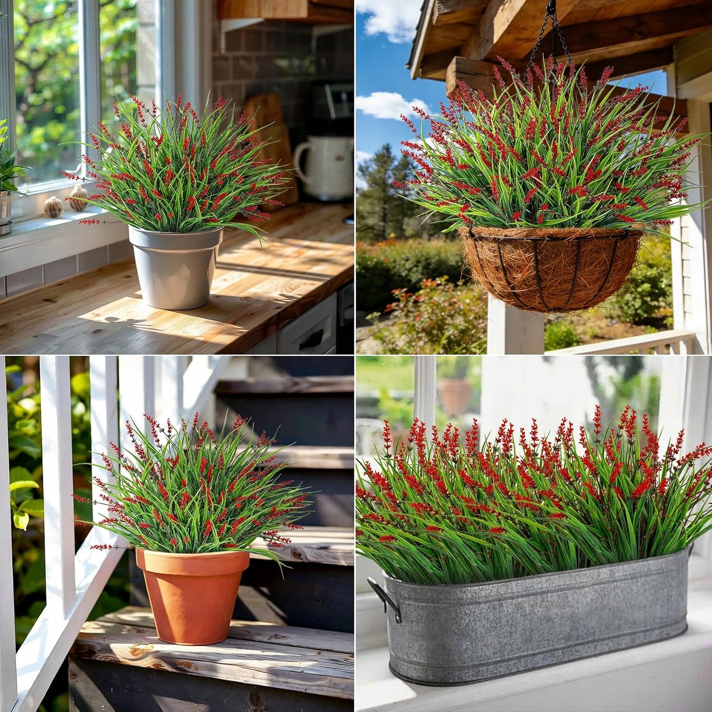 24 Pcs Artificial Plants Lavender Flowers for Outdoors, Purple | Faux lavender flowers with fake monkey grass, UV resistant, plastic plants, porch garden patio window home decor