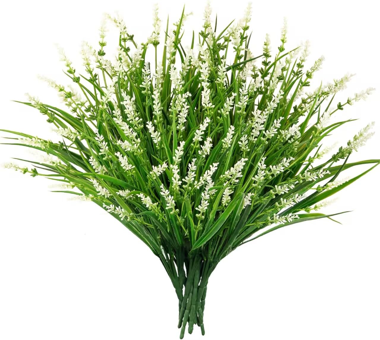 24 Pcs Artificial Plants Lavender Flowers for Outdoors, Purple | Faux lavender flowers with fake monkey grass, UV resistant, plastic plants, porch garden patio window home decor