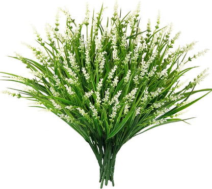 24 Pcs Artificial Plants Lavender Flowers for Outdoors, Purple | Faux lavender flowers with fake monkey grass, UV resistant, plastic plants, porch garden patio window home decor
