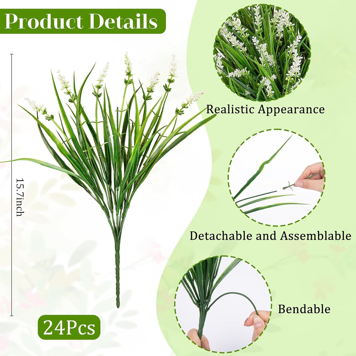 24 Pcs Artificial Plants Lavender Flowers for Outdoors, Purple | Faux lavender flowers with fake monkey grass, UV resistant, plastic plants, porch garden patio window home decor