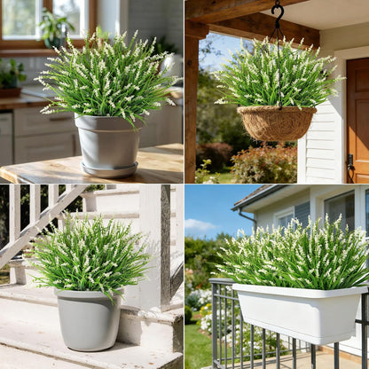24 Pcs Artificial Plants Lavender Flowers for Outdoors, Purple | Faux lavender flowers with fake monkey grass, UV resistant, plastic plants, porch garden patio window home decor