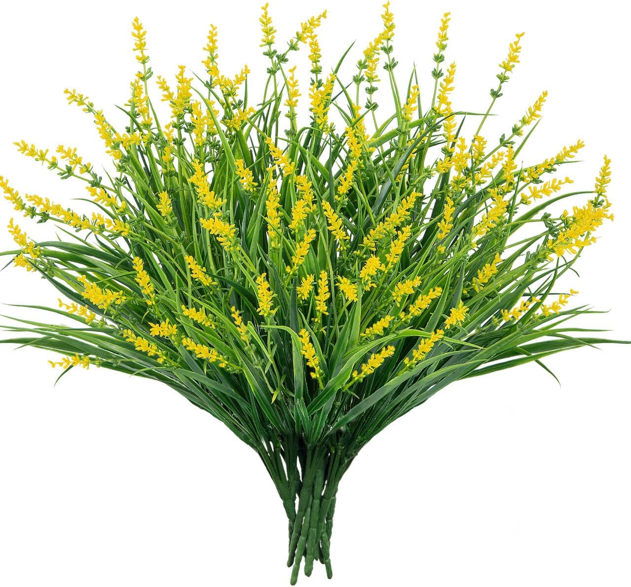 24 Pcs Artificial Plants Lavender Flowers for Outdoors, Purple | Faux lavender flowers with fake monkey grass, UV resistant, plastic plants, porch garden patio window home decor