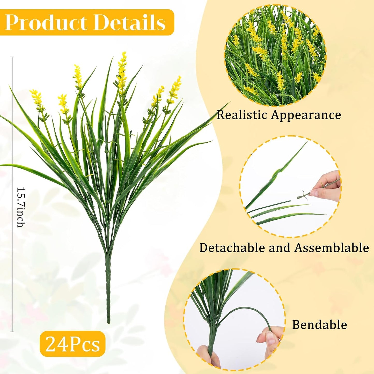 24 Pcs Artificial Plants Lavender Flowers for Outdoors, Purple | Faux lavender flowers with fake monkey grass, UV resistant, plastic plants, porch garden patio window home decor